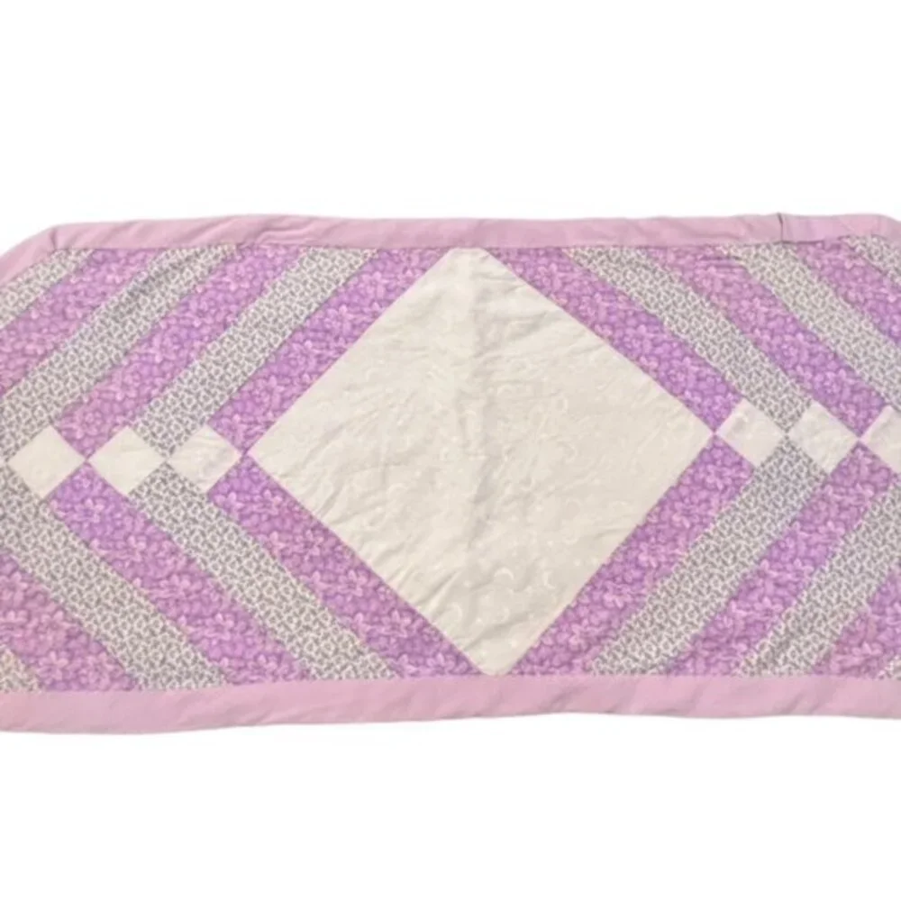 Flowered Quilted Table Runner 13.5 x 36 in Purple Grey Florals White Stars‎ Moon